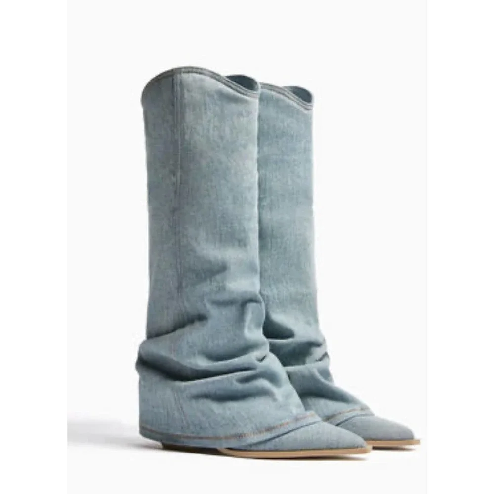 Bershka Denim Pointed Toe Layered Western Boots Size 41 NWT Blue - Picture 7 of 7
